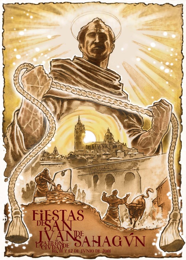 En el cartel de fiestas de San Juan de Sahagun de 2011 pueden apreciarse claramente los dos milagros por los que se le conoce en Salamanca